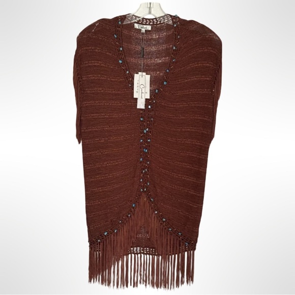 Carducci Women's Brown Fringe with bead and turquoise embellishments Sweater - Picture 1 of 5